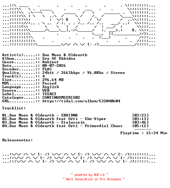 NFO for the release Dae_Moon_And_Oldearth-Era_Of_Ekhidna-CONTINUUMSERIE02-24BIT-WEB-FLAC-2026-WAVED by WAVED