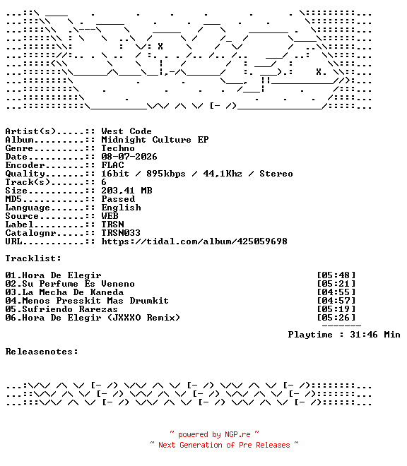 NFO for the release West_Code-Midnight_Culture_EP-TRSN033-16BIT-WEB-FLAC-2025-WAVED by WAVED