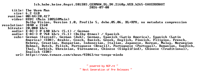 NFO for the release Ich.habe.keine.Angst.S01E03.GERMAN.DL.DV.2160p.WEB.h265-SAUERKRAUT by SAUERKRAUT