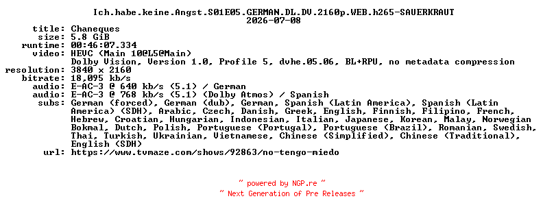 NFO for the release Ich.habe.keine.Angst.S01E05.GERMAN.DL.DV.2160p.WEB.h265-SAUERKRAUT by SAUERKRAUT