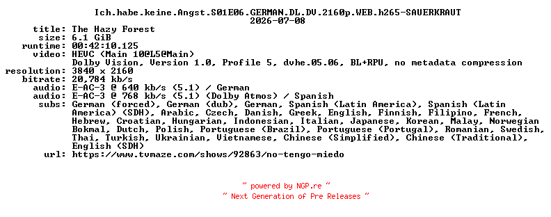 NFO for the release Ich.habe.keine.Angst.S01E06.GERMAN.DL.DV.2160p.WEB.h265-SAUERKRAUT by SAUERKRAUT