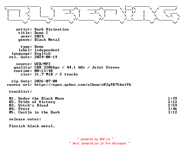 NFO for the release Dark_Divination-Demo_I-Demo-WEB-2024-BLEEDiNG by BLEEDiNG