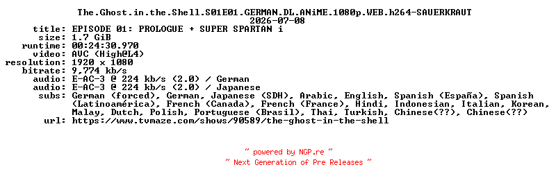 NFO for the release The.Ghost.in.the.Shell.S01E01.GERMAN.DL.ANiME.1080p.WEB.h264-SAUERKRAUT by SAUERKRAUT