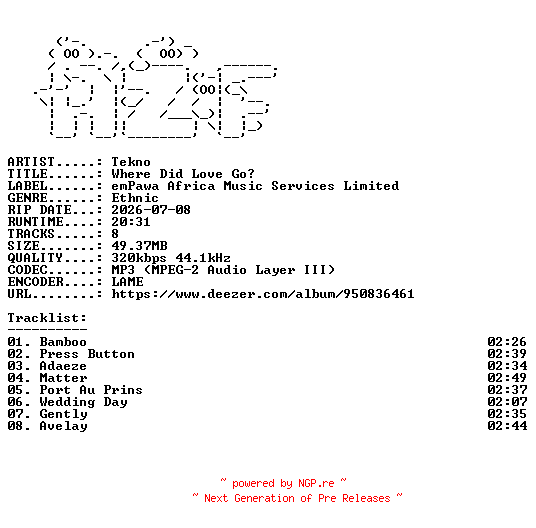 NFO for the release Tekno-Where_Did_Love_Go-WEB-2026-AZF by AZF