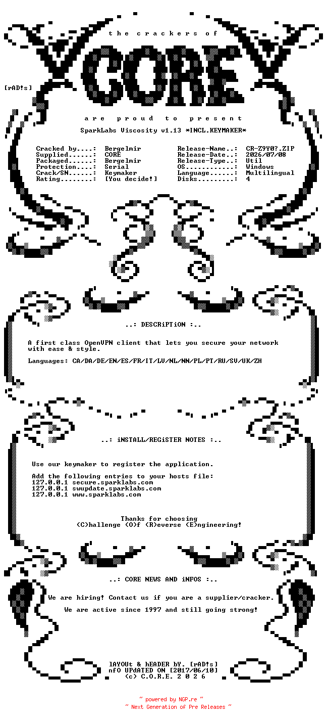 NFO for the release SparkLabs.Viscosity.v1.13.x64.Multilingual.Incl.Keymaker-CORE by CORE