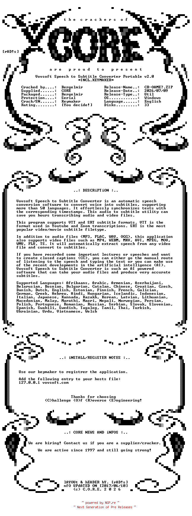 NFO for the release Vovsoft.Speech.to.Subtitle.Converter.Portable.v2.0.Incl.Keymaker-CORE by CORE