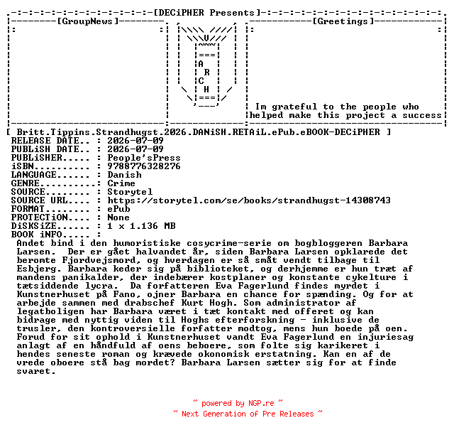 NFO for the release Britt.Tippins.Strandhugst.2026.DANiSH.RETAiL.ePub.eBOOK-DECiPHER by DECiPHER