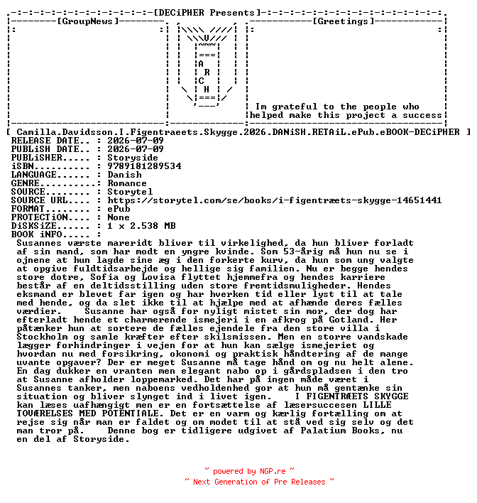 NFO for the release Camilla.Davidsson.I.Figentraeets.Skygge.2026.DANiSH.RETAiL.ePub.eBOOK-DECiPHER by DECiPHER