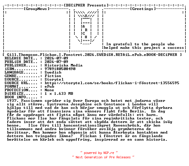 NFO for the release Gill.Thompson.Flickan.I.Fonstret.2026.SWEDiSH.RETAiL.ePub.eBOOK-DECiPHER by DECiPHER