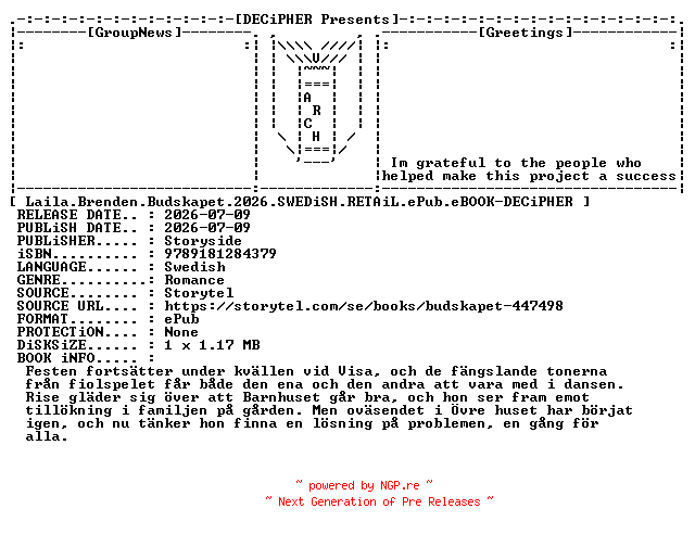 NFO for the release Laila.Brenden.Budskapet.2026.SWEDiSH.RETAiL.ePub.eBOOK-DECiPHER by DECiPHER