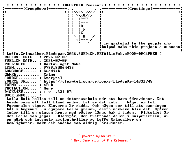 NFO for the release Leffe.Grimwalker.Blodspar.2026.SWEDiSH.RETAiL.ePub.eBOOK-DECiPHER by DECiPHER