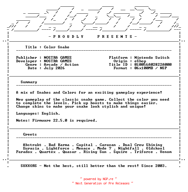 NFO for the release Color_Snake_NSW-SUXXORS by SUXXORS