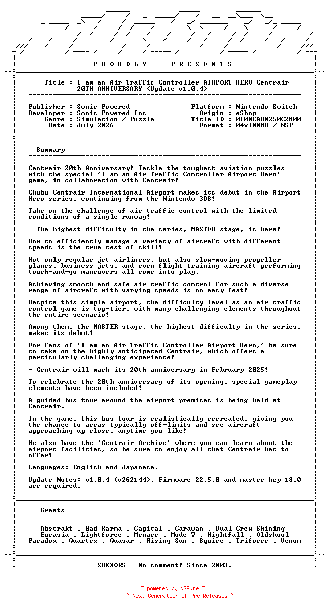 NFO for the release I_am_an_Air_Traffic_Controller_AIRPORT_HERO_Centrair_ALLSTARS_Update_v1.0.4_NSW-SUXXORS by SUXXORS