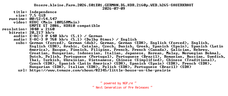 NFO for the release Unsere.kleine.Farm.2026.S01E01.GERMAN.DL.HDR.2160p.WEB.h265-SAUERKRAUT by SAUERKRAUT