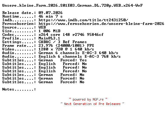 NFO for the release Unsere.kleine.Farm.2026.S01E03.German.DL.720p.WEB.x264-WvF by WvF