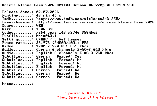 NFO for the release Unsere.kleine.Farm.2026.S01E04.German.DL.720p.WEB.x264-WvF by WvF