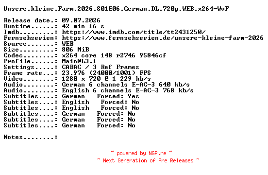 NFO for the release Unsere.kleine.Farm.2026.S01E06.German.DL.720p.WEB.x264-WvF by WvF