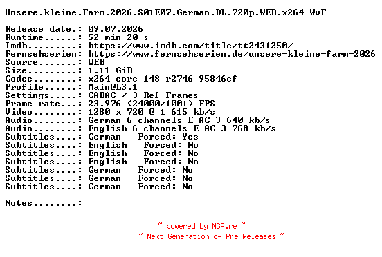 NFO for the release Unsere.kleine.Farm.2026.S01E07.German.DL.720p.WEB.x264-WvF by WvF