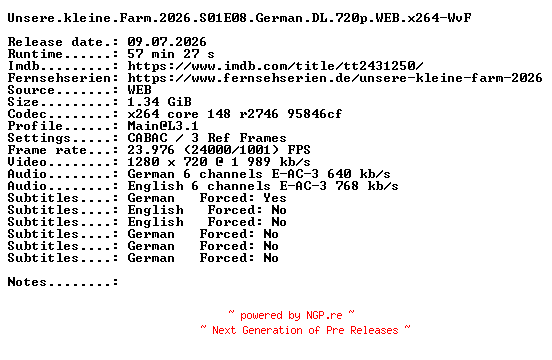 NFO for the release Unsere.kleine.Farm.2026.S01E08.German.DL.720p.WEB.x264-WvF by WvF