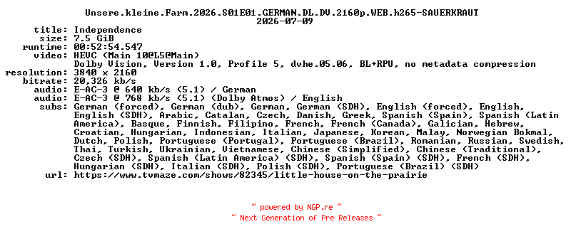 NFO for the release Unsere.kleine.Farm.2026.S01E01.GERMAN.DL.DV.2160p.WEB.h265-SAUERKRAUT by SAUERKRAUT