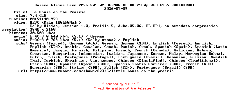NFO for the release Unsere.kleine.Farm.2026.S01E02.GERMAN.DL.DV.2160p.WEB.h265-SAUERKRAUT by SAUERKRAUT