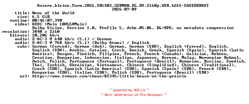 NFO for the release Unsere.kleine.Farm.2026.S01E03.GERMAN.DL.DV.2160p.WEB.h265-SAUERKRAUT by SAUERKRAUT