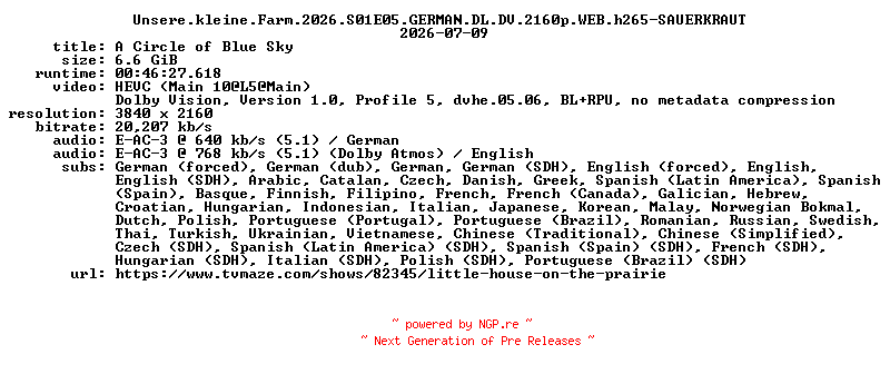 NFO for the release Unsere.kleine.Farm.2026.S01E05.GERMAN.DL.DV.2160p.WEB.h265-SAUERKRAUT by SAUERKRAUT