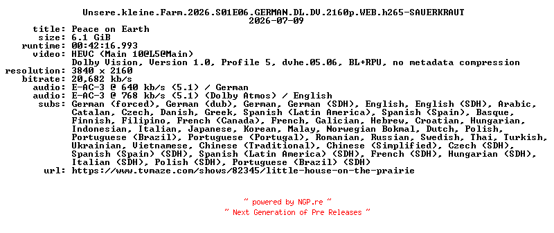 NFO for the release Unsere.kleine.Farm.2026.S01E06.GERMAN.DL.DV.2160p.WEB.h265-SAUERKRAUT by SAUERKRAUT