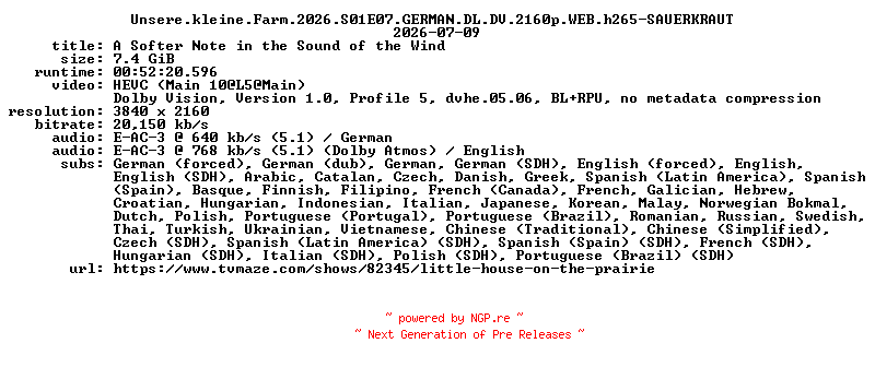NFO for the release Unsere.kleine.Farm.2026.S01E07.GERMAN.DL.DV.2160p.WEB.h265-SAUERKRAUT by SAUERKRAUT