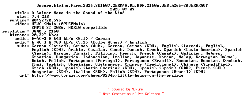 NFO for the release Unsere.kleine.Farm.2026.S01E07.GERMAN.DL.HDR.2160p.WEB.h265-SAUERKRAUT by SAUERKRAUT