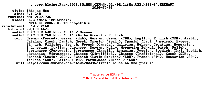 NFO for the release Unsere.kleine.Farm.2026.S01E08.GERMAN.DL.HDR.2160p.WEB.h265-SAUERKRAUT by SAUERKRAUT
