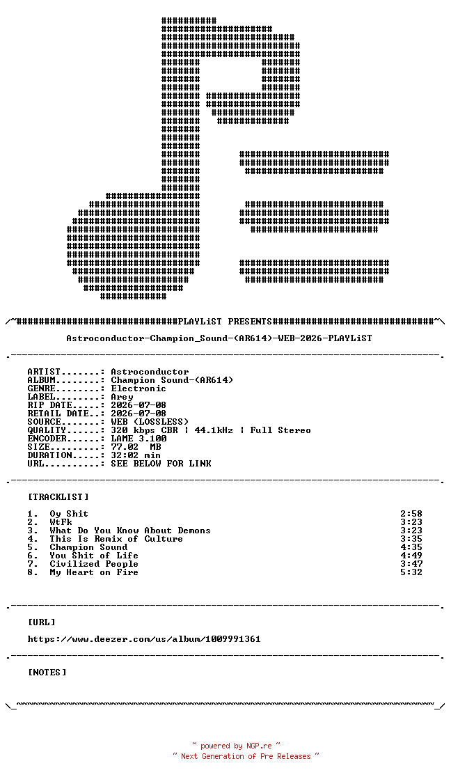 NFO for the release Astroconductor-Champion_Sound-(AR614)-WEB-2026-PLAYLiST by PLAYLiST