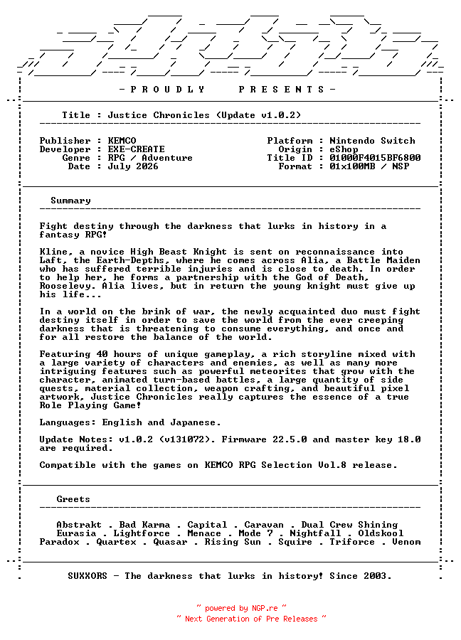 NFO for the release Justice_Chronicles_Update_v1.0.2_NSW-SUXXORS by SUXXORS