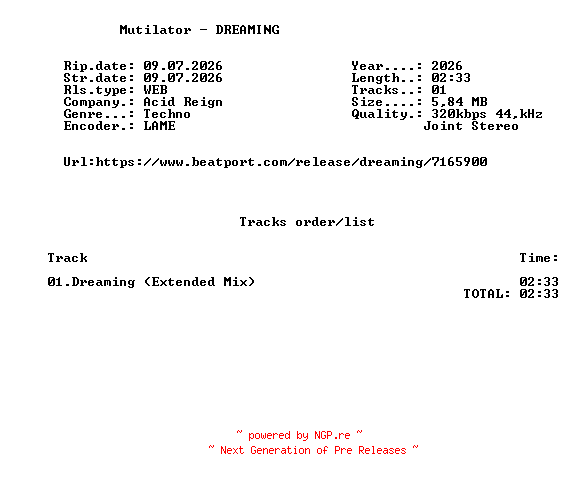 NFO for the release Mutilator_-_DREAMING-(ACR111)-SINGLE-WEB-2026-FMC by FMC