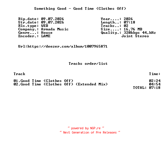 NFO for the release Something_Good_-_Good_Time_(Clothes_Off)-(ARMAS3780)-WEB-2026-FMC by FMC