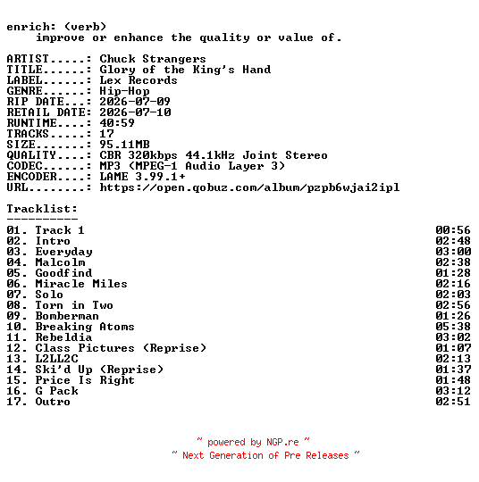 NFO for the release Chuck_Strangers-Glory_of_the_Kings_Hand-WEB-2026-ENRiCH by ENRiCH
