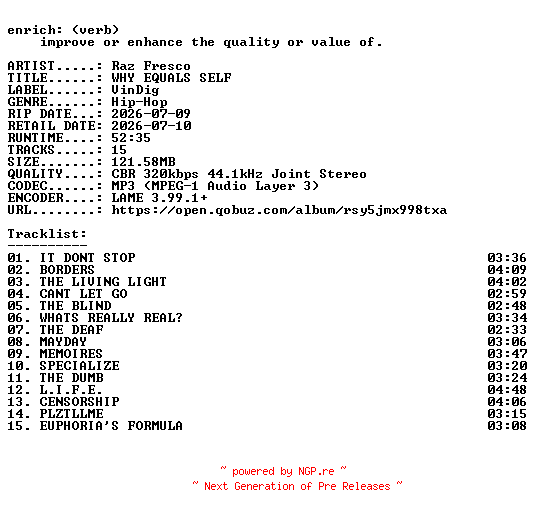 NFO for the release Raz_Fresco-WHY_EQUALS_SELF-WEB-2026-ENRiCH by ENRiCH