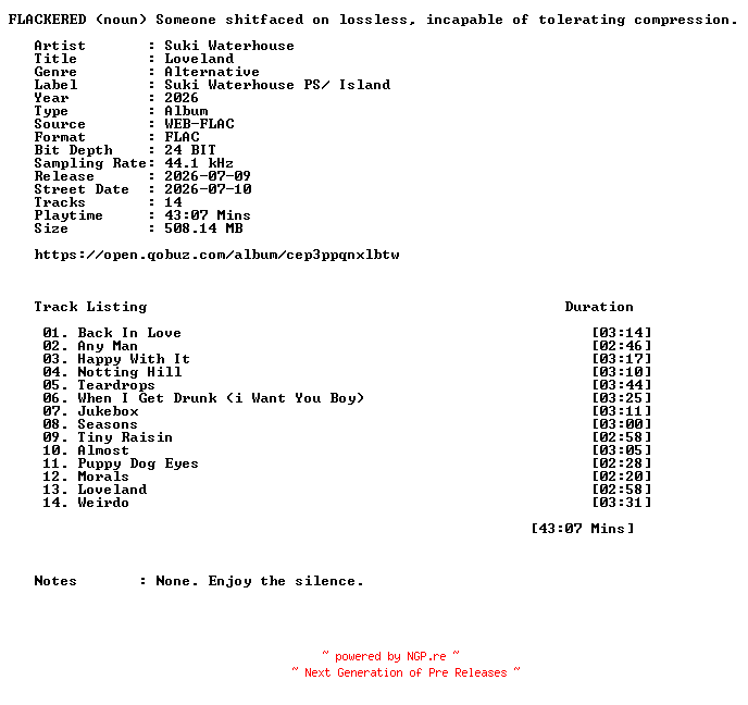 NFO for the release Suki_Waterhouse-Loveland-24BIT-44KHZ-WEB-FLAC-2026-FLACKERED by FLACKERED