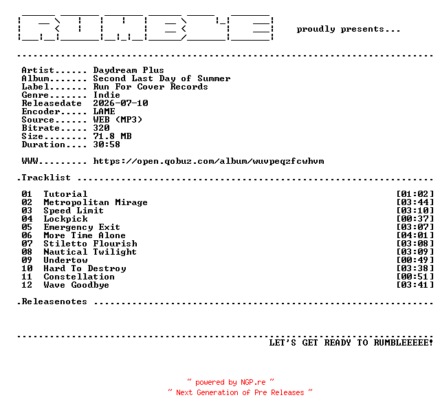 NFO for the release Daydream_Plus-Second_Last_Day_of_Summer-(WEB)-2026-RUMBLE by RUMBLE