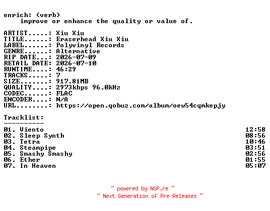 NFO for the release Xiu_Xiu-Eraserhead_Xiu_Xiu-24BIT-WEB-FLAC-2026-ENRiCH by ENRiCH