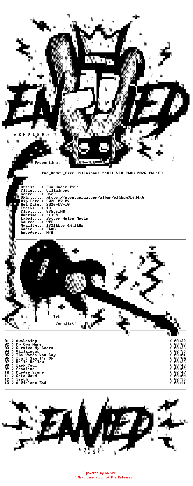 NFO for the release Eva_Under_Fire-Villainous-24BIT-WEB-FLAC-2026-ENViED by ENViED