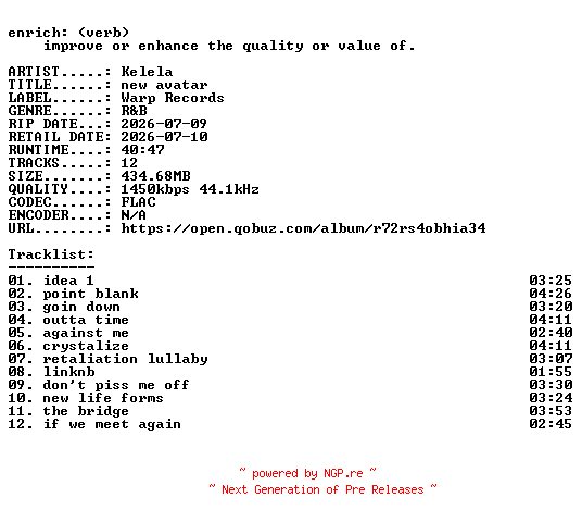 NFO for the release Kelela-new_avatar-24BIT-WEB-FLAC-2026-ENRiCH by ENRiCH