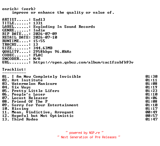 NFO for the release Sad13-1331-24BIT-WEB-FLAC-2026-ENRiCH by ENRiCH