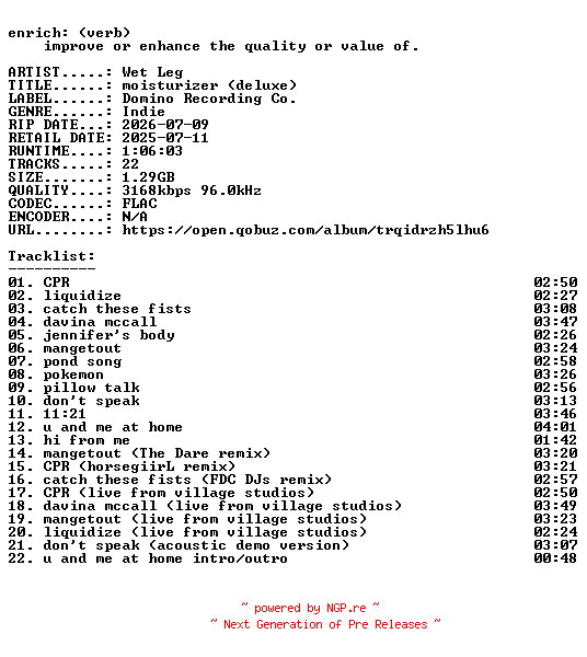 NFO for the release Wet_Leg-moisturizer_(deluxe)-24BIT-WEB-FLAC-2026-ENRiCH by ENRiCH