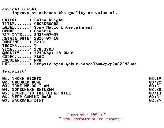 NFO for the release Dylan_Wright-CROSSROADS-EP-24BIT-WEB-FLAC-2026-ENRiCH by ENRiCH