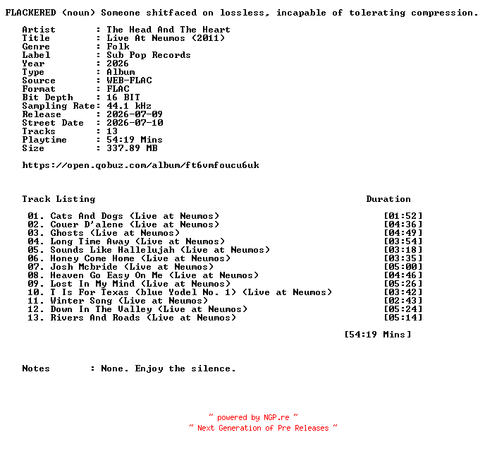 NFO for the release The_Head_And_The_Heart-Live_At_Neumos_(2011)-16BIT-WEB-FLAC-2026-FLACKERED by FLACKERED