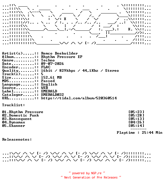 NFO for the release Remco_Beekwilder-Rhythm_Pressure_EP-EMERALD032-16BIT-WEB-FLAC-2026-WAVED by WAVED