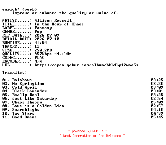 NFO for the release Allison_Russell-In_the_Hour_of_Chaos-16BIT-WEB-FLAC-2026-ENRiCH by ENRiCH
