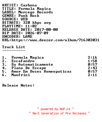 NFO for the release Carbona-Formula_Magica-WEB-PT-2017-SDR by SDR