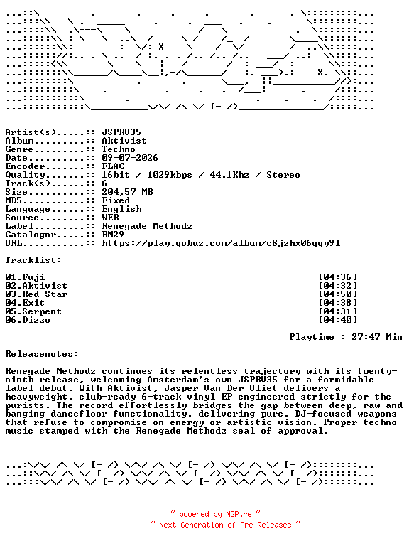 NFO for the release JSPRV35-Aktivist-RM29-16BIT-WEB-FLAC-2026-WAVED by WAVED